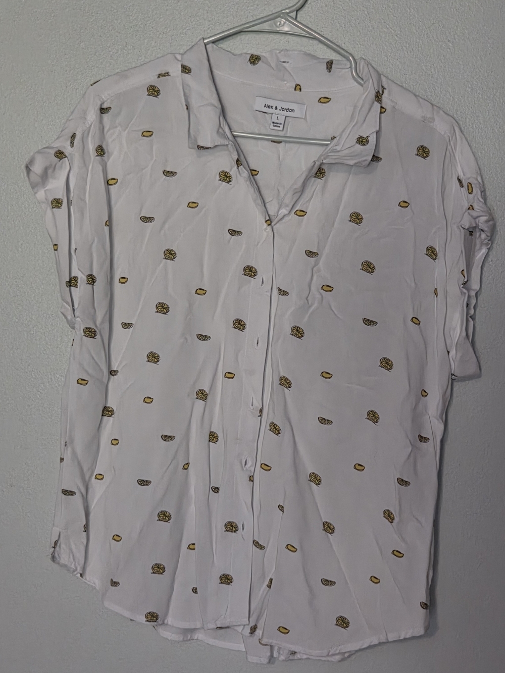 White Short-Sleeve Button-Up Shirt with Lemon Print
